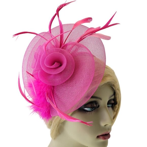 Pink Headband Fascinator with Pink Feathers and Pink Rosettes - Picture 4 of 14
